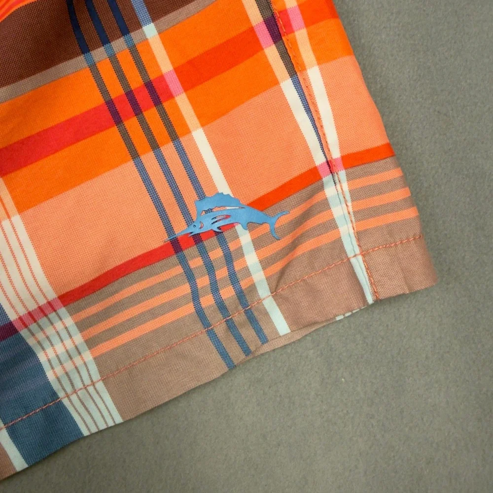 Tommy Bahama Naples Plaid Swim Trunks Mens XXL Orange Blue Cargo Mesh Lining